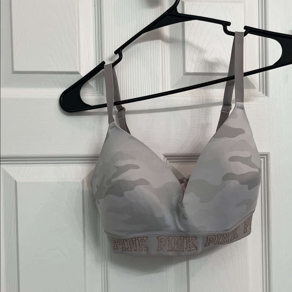 PINK Victoria's Secret Light Gray Camo Wireless Padded Bra with Logo Band